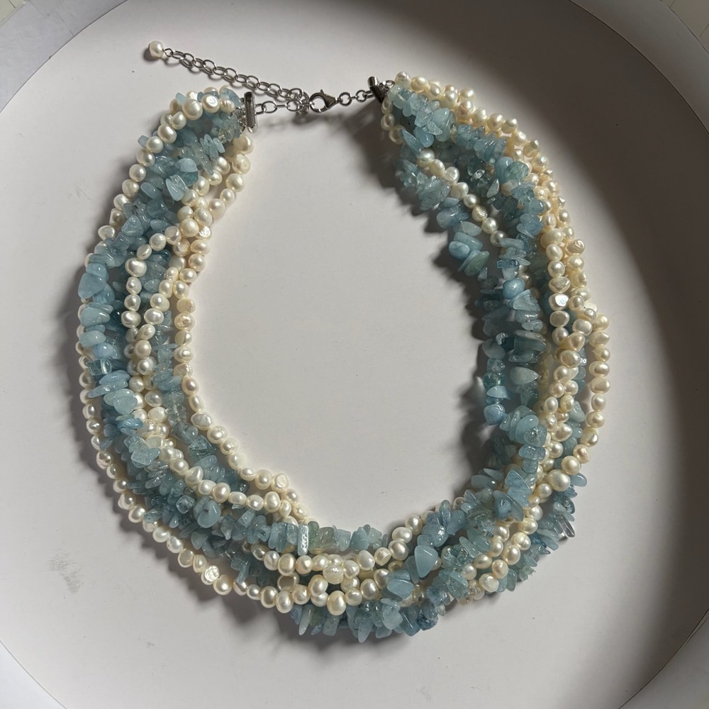 Elegant Pearl and Blue Stone Necklace